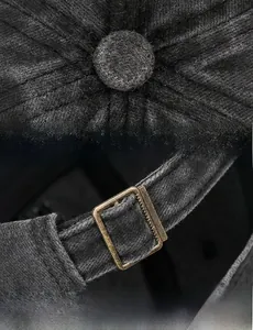 Detail of washed grey baseball cap with top button and adjustable metal buckle strap