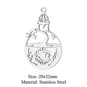 Detail showing 20x32mm stainless steel potion bottle pendant with moon and eye patterns
