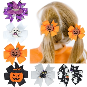 Halloween Bow Hair Clips Pumpkin Ghost Witch Hat Print Ribbed Ribbon Alligator Clips For Girls Kids Costume Party