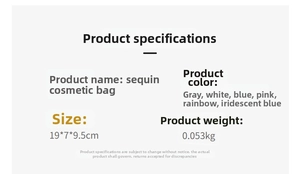 Detailed size chart for the sequin makeup bag showing dimensions of 19x7x9.5 cm