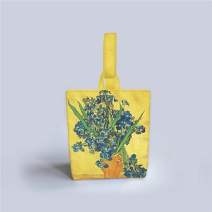 Yellow canvas bucket bag featuring Vincent van Gogh Irises oil painting print