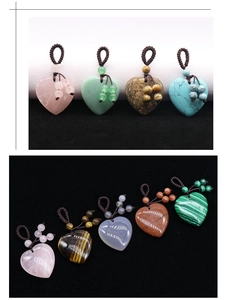 Macro shot of 22mm heart shaped gemstone pendants with braided rope and decorative beads