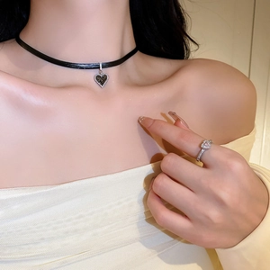 Dark gothic black leather choker with zircon crystal heart pendant and matching heart ring