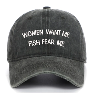 Detail of Women Want Me Fish Fear Me 3D embroidery on washed charcoal baseball cap
