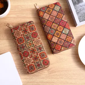 Bohemian mandala wood grain long wallet for women with colorful geometric patterns