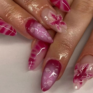 Faux Ongles Press On Longues Amandes Stiletto Avec Fleurs En Relief 3D Et Gouttes D'eau Pour Femmes Élégant Doux