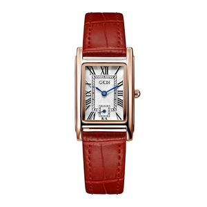 GEDI rectangular rose gold watch with red crocodile leather strap and blue hands