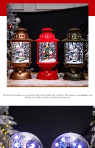 Retro Christmas lantern with snowman and LED snow globe on a dark festive background