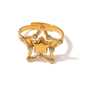Detail of gold-plated open star ring with micro-pave cubic zirconia crystals