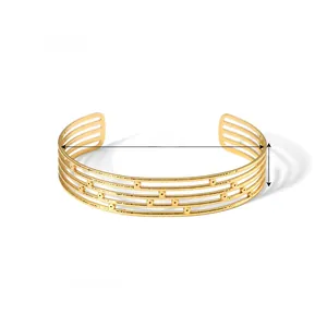 Detail view of 18K gold plated multi-layer open bangle showing 68mm diameter and 14mm width