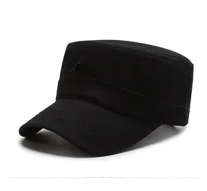 Detail of SPORT embroidery and stitching on a black flat top military cap for men