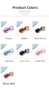 Detailed color options for kids heart-shaped sunglasses with gradient lenses in seven shades