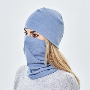 Detail of light blue fleece beanie and neck gaiter set showing soft knitted texture
