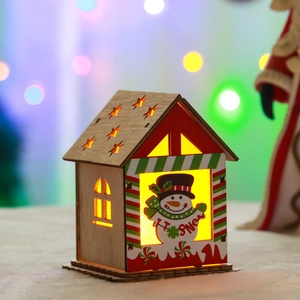 Luminous Christmas wooden house with snowman print and LED lights for festive decor
