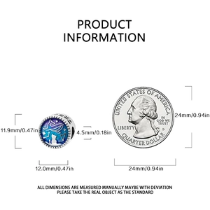 Size specifications of silver jumping animal charm next to a 25-cent coin for scale