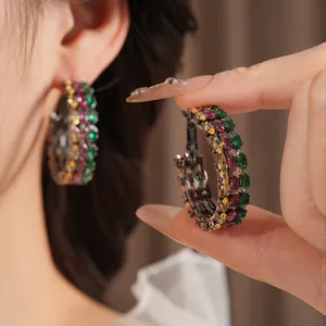 Vintage rainbow zircon hoop earrings with multi-color stones in black gold finish