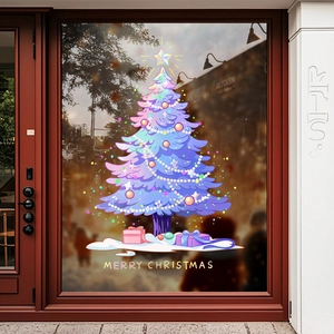 Cartoon purple Christmas tree window sticker with festive gift boxes and Merry Christmas text