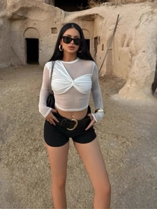 Mesh Sheer Long Sleeve Crop Top Women Crew Neck Twist Knot Front Ruched Sexy Clubwear Patchwork Polyester Top