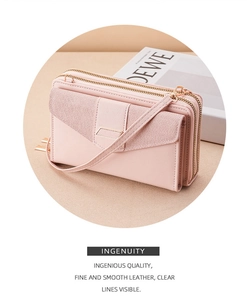 Detail of pink multi-layer crossbody phone bag with smooth leather and glitter textures