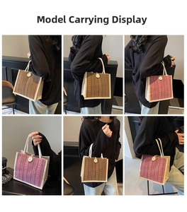 Detailed views of striped linen tote bags with rope handles and decorative wood buttons