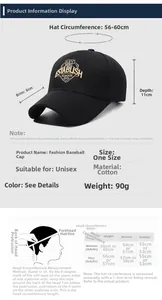 Detailed size chart and head measurement guide for embroidered cotton baseball cap