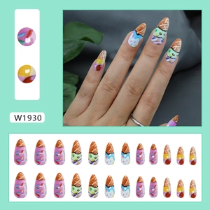 Pastel ice cream theme press on nails with sprinkles and waffle cone design almond shape