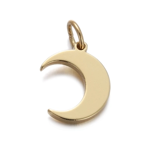 Macro shot of gold-plated moon-shaped pendant with polished finish and bail detail