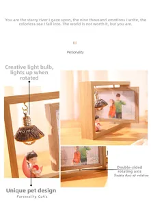 Detail of 6-inch rotating wooden photo frame with LED bulb and miniature figurine