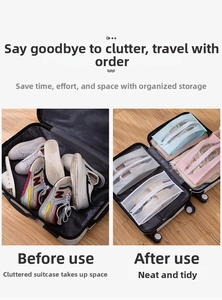 Before and after comparison of waterproof travel shoe storage bags in a suitcase