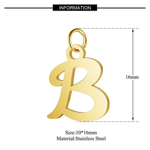 Detail of a 10x16mm golden stainless steel letter B pendant with a top hanging loop