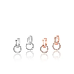 925 Sterling Silver Double Circle Hoop Earrings For Women Micro Inlaid Rhinestone Nested Geometric Earrings Elegant Jewelry
