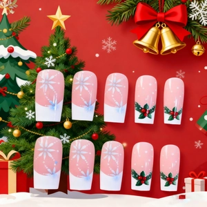 French tip coffin fake nails with blue snowflake and holly berry Christmas art design