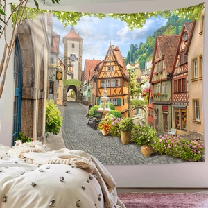 Detailed texture of polyester tapestry showing a vibrant European old town street scene