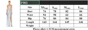Detailed size chart for the sequin evening gown with measurements for XS to L sizes