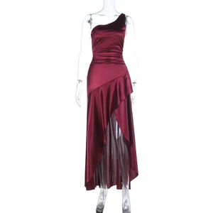 Detail of wine red satin dress showing asymmetric shoulder and waist pleat design