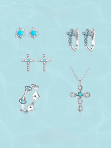 Collection of S925 silver cross jewelry and turquoise studs on blue wave background