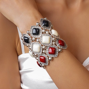 Vintage Bohemian Alloy Elastic Bracelet Geometric Square Acrylic Stone Ethnic Style Retro Silver Plated Women Accessory