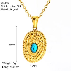 Detailed macro view of retro turquoise pendant in 18K gold plated stainless steel