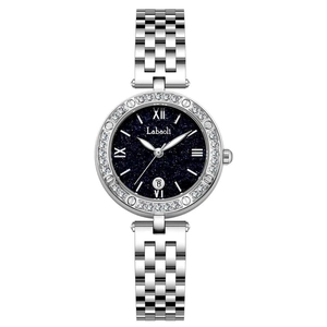 Women Fashion Quartz Watch Starry Sky Dial Rhinestone Bezel Stainless Steel Band Luminous Date Display Waterproof Elegant
