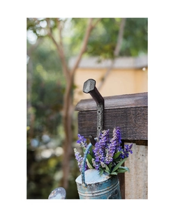 Detail of vintage cast iron hook in black finish holding a watering can in garden