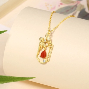 925 silver ginkgo leaf necklace with red agate water drop pendant in gold finish