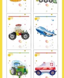Detailed set of assorted foil balloons including truck, plane, tractor and ambulance toys