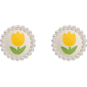 Elegant tulip stud earrings with central yellow flower and pearl-beaded circular border