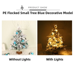Blue PE flocked Christmas tree detail showing with LED lights turned on and off