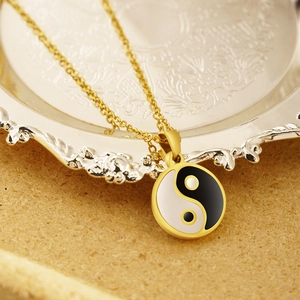 Vintage gold Yin Yang Tai Chi pendant necklace with black white enamel for men and women