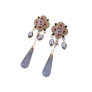 Vintage floral drop earrings with pink crystal and grey resin teardrop pendant