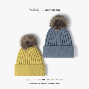 Women Knitted Beanie Hat With Faux Fur Pom Pom Thick Warm Fleece Lining Ribbed Cuff Outdoor Winter Autumn Accessories