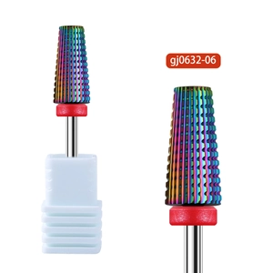 Detailed macro of 5-in-1 rainbow carbide nail drill bit with fine tapered serrated texture