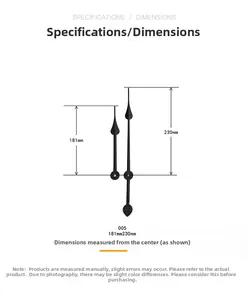Detailed specs of black metal clock hands Model 005 with lengths 181mm and 230mm
