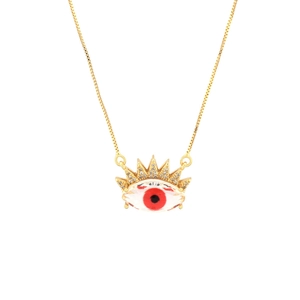 Gold-plated copper evil eye necklace with red zircon center and sparkling white stones